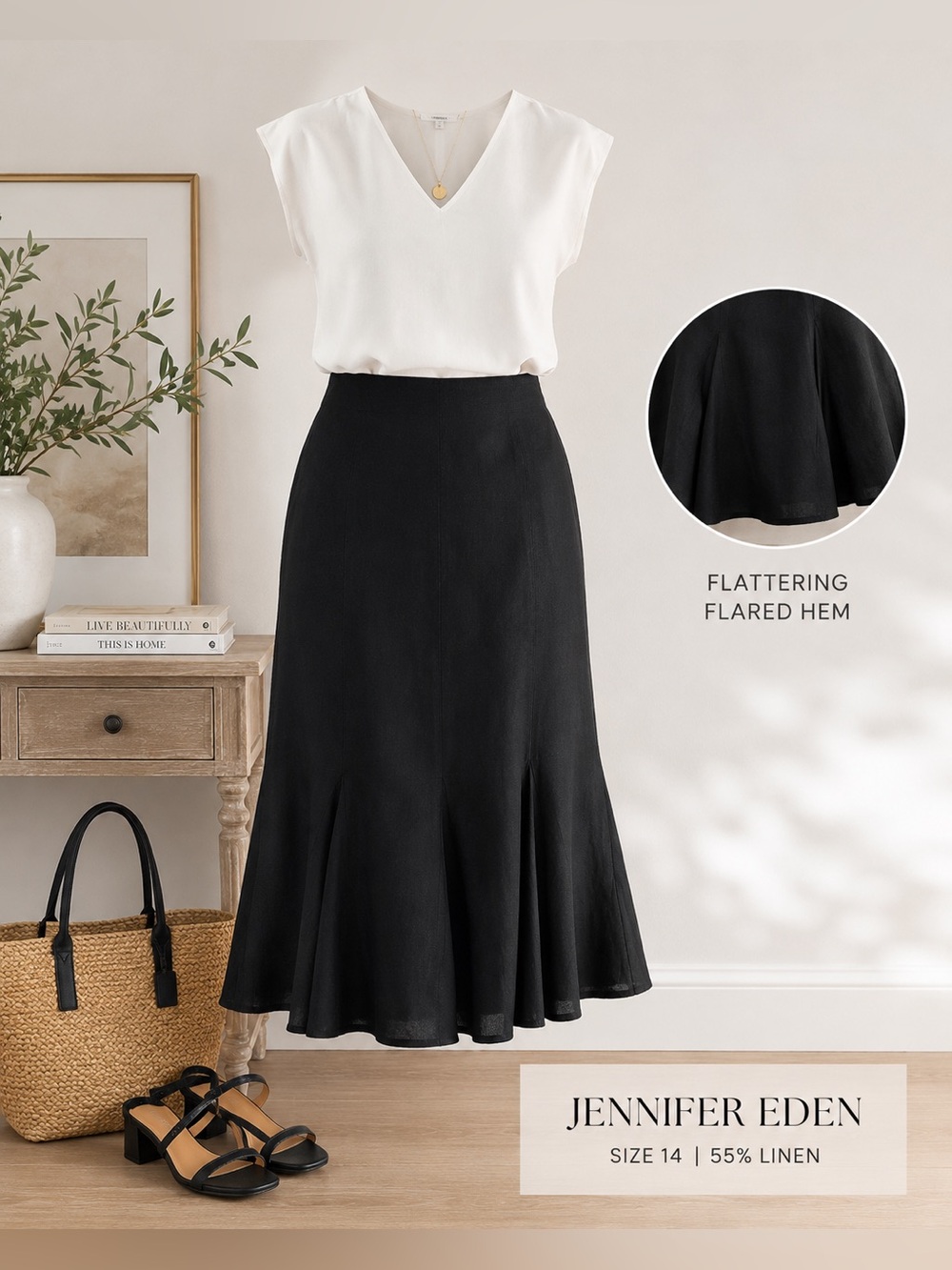 Jennifer Eden Black Linen Blend Flared Midi Skirt Size 14 Trumpet Hem